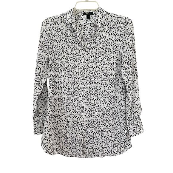 J.Crew Women’s White Silk Button-Up Shirt – Black Key Print, Club Collar Size 0 - Picture 2 of 9